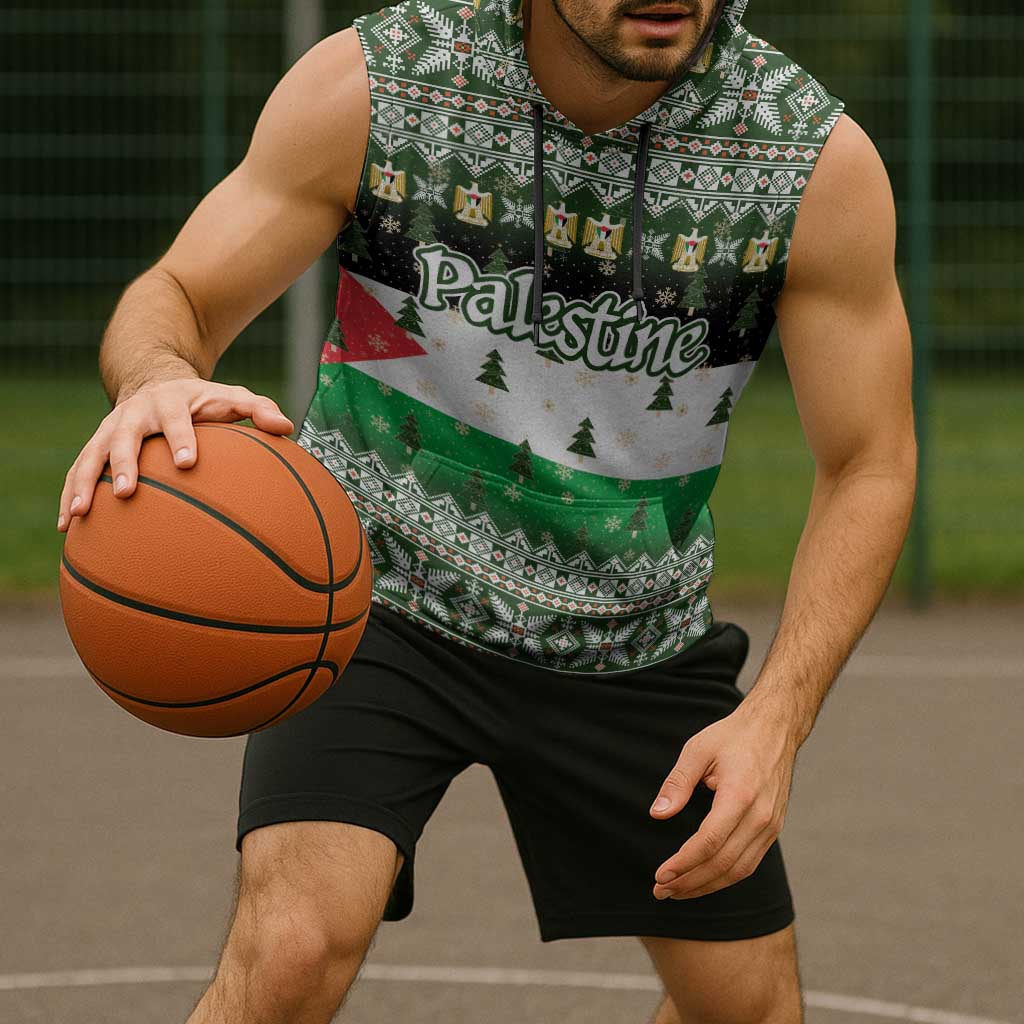 Palestine Christmas Sleeveless Hoodie with Green-White Theme, Tree Ornaments, and Nativity Scene Motif - Wonder Print Shop