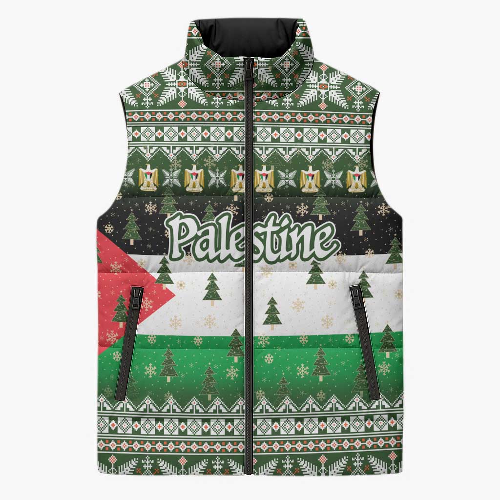 Palestine Christmas Sleeveless Puffer Jacket with Green-White Theme, Tree Ornaments, and Nativity Scene Motif - Wonder Print Shop