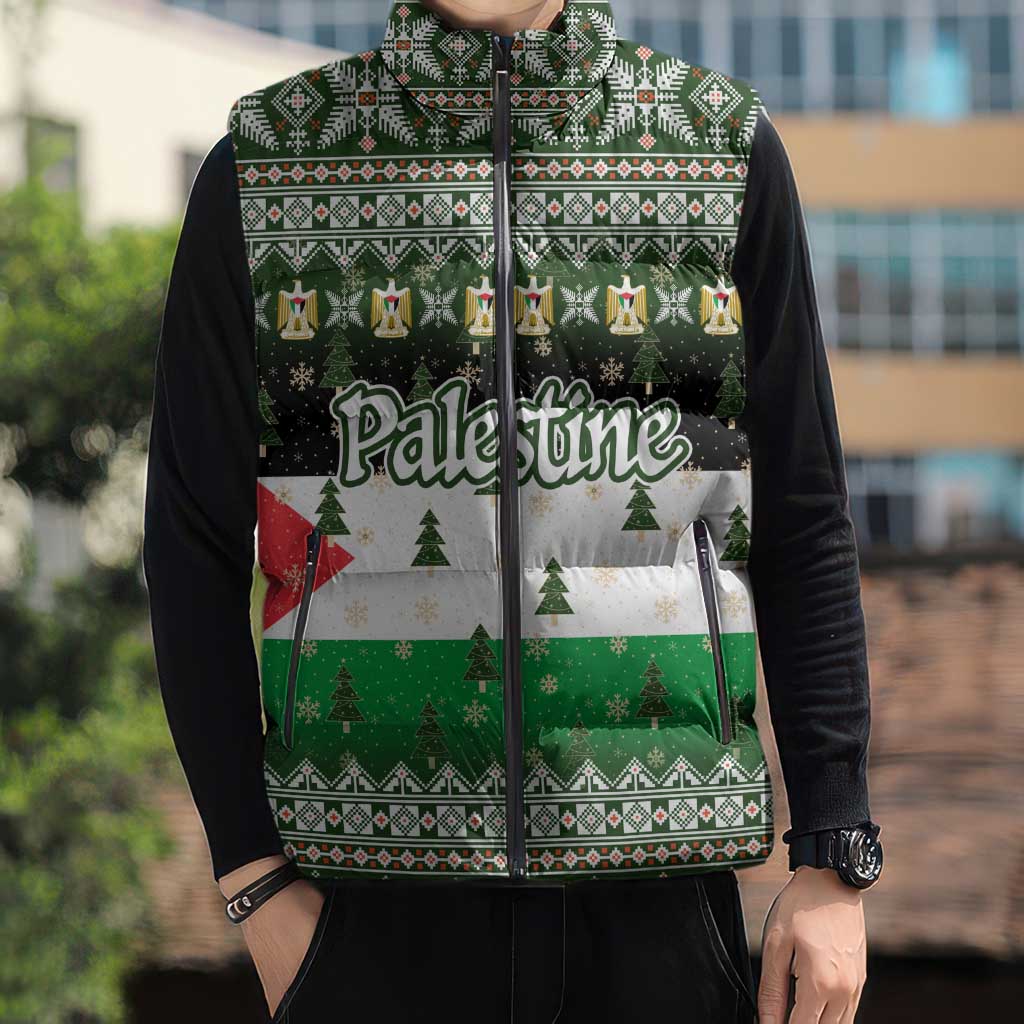 Palestine Christmas Sleeveless Puffer Jacket with Green-White Theme, Tree Ornaments, and Nativity Scene Motif - Wonder Print Shop