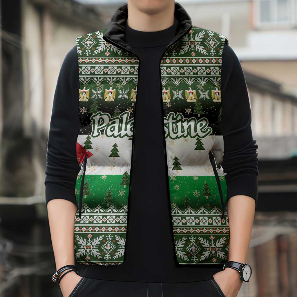 Palestine Christmas Sleeveless Puffer Jacket with Green-White Theme, Tree Ornaments, and Nativity Scene Motif - Wonder Print Shop