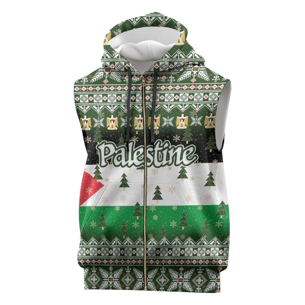 Palestine Christmas Sleeveless Zip Hoodie with Green-White Theme, Tree Ornaments, and Nativity Scene Motif - Wonder Print Shop