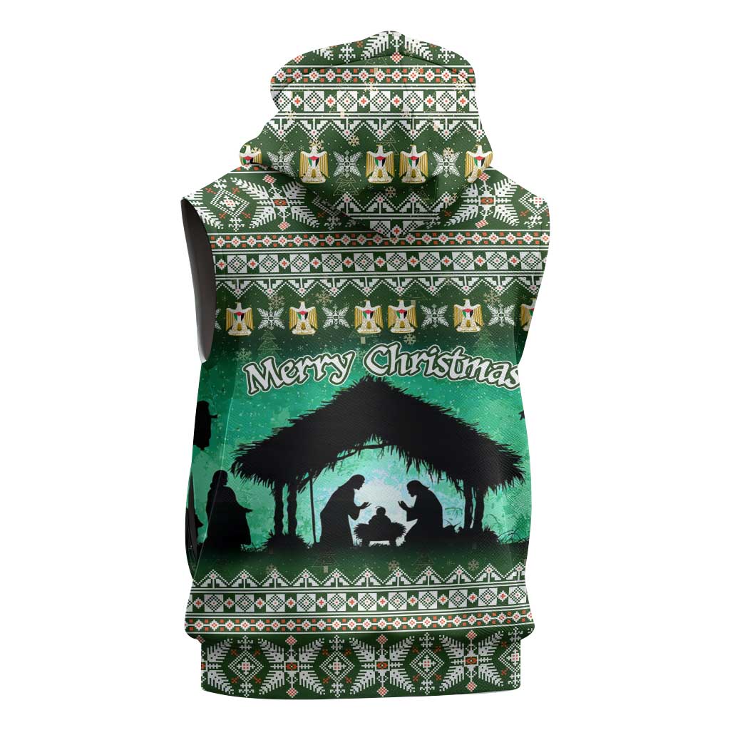 Palestine Christmas Sleeveless Zip Hoodie with Green-White Theme, Tree Ornaments, and Nativity Scene Motif - Wonder Print Shop