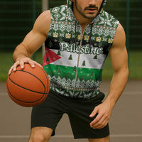 Palestine Christmas Sleeveless Zip Hoodie with Green-White Theme, Tree Ornaments, and Nativity Scene Motif - Wonder Print Shop