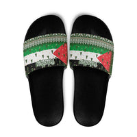 Palestine Christmas Slide Sandals with Green-White Theme, Tree Ornaments, and Nativity Scene Motif - Wonder Print Shop