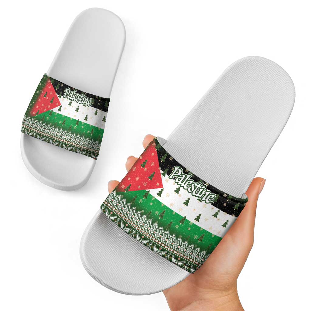 Palestine Christmas Slide Sandals with Green-White Theme, Tree Ornaments, and Nativity Scene Motif - Wonder Print Shop