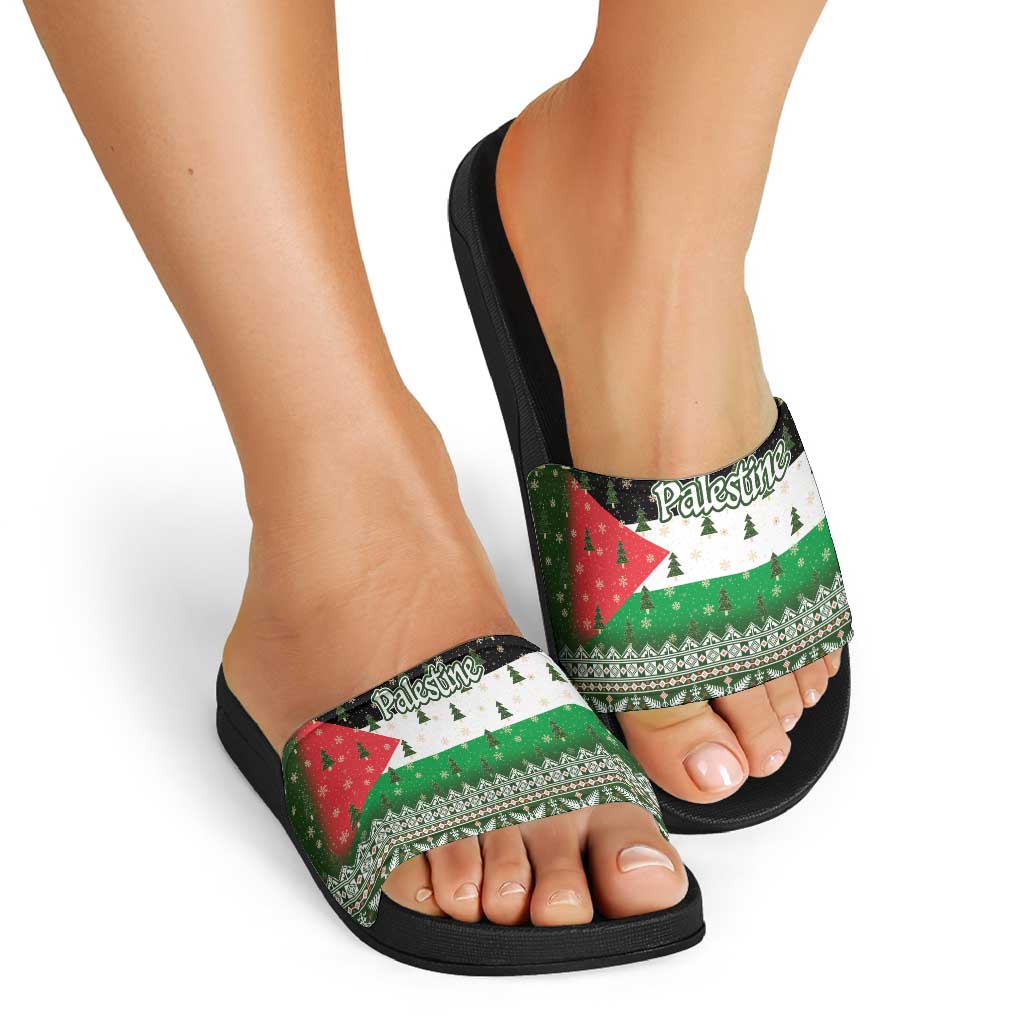 Palestine Christmas Slide Sandals with Green-White Theme, Tree Ornaments, and Nativity Scene Motif - Wonder Print Shop