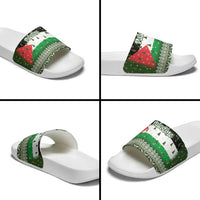 Palestine Christmas Slide Sandals with Green-White Theme, Tree Ornaments, and Nativity Scene Motif - Wonder Print Shop