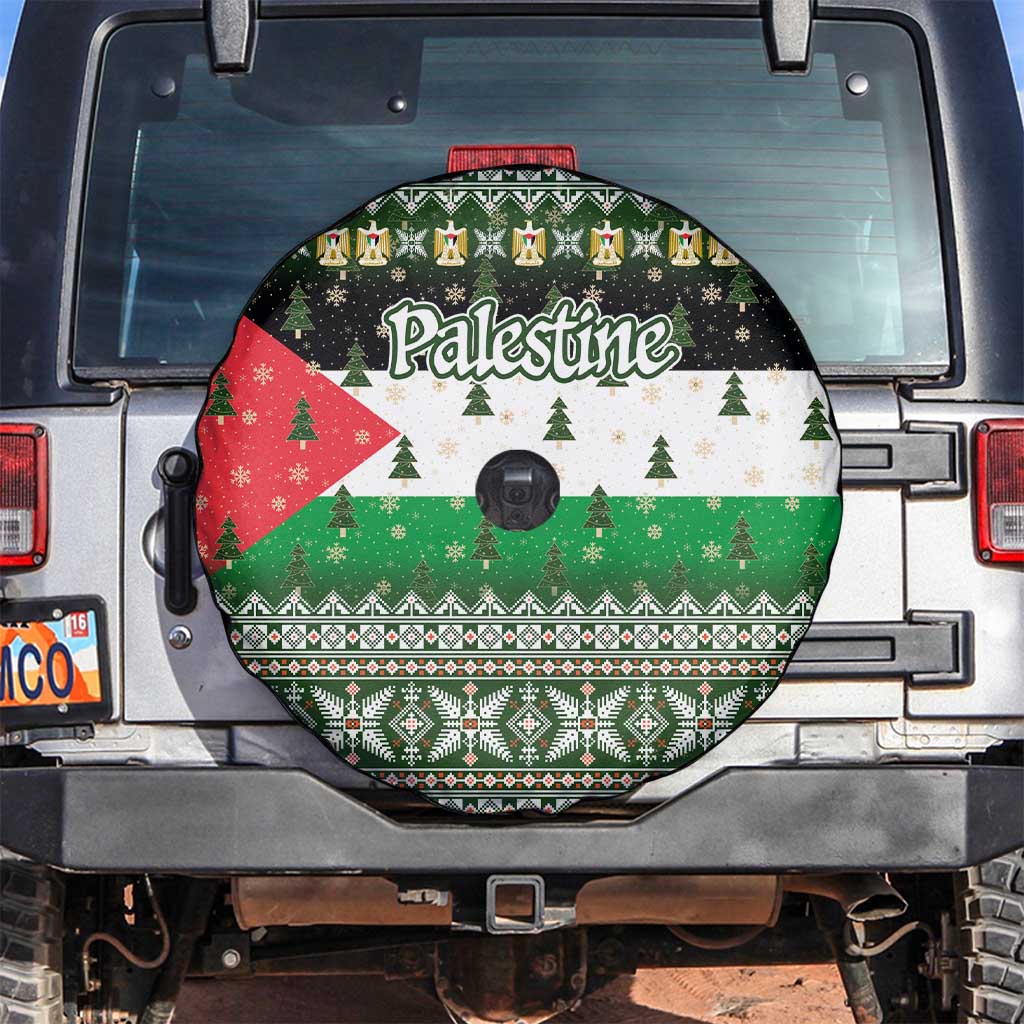 Palestine Christmas Spare Tire Cover with Green-White Theme, Tree Ornaments, and Nativity Scene Motif - Wonder Print Shop