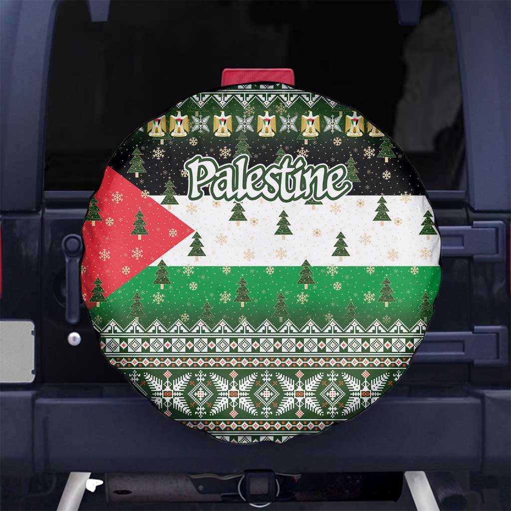 Palestine Christmas Spare Tire Cover with Green-White Theme, Tree Ornaments, and Nativity Scene Motif - Wonder Print Shop
