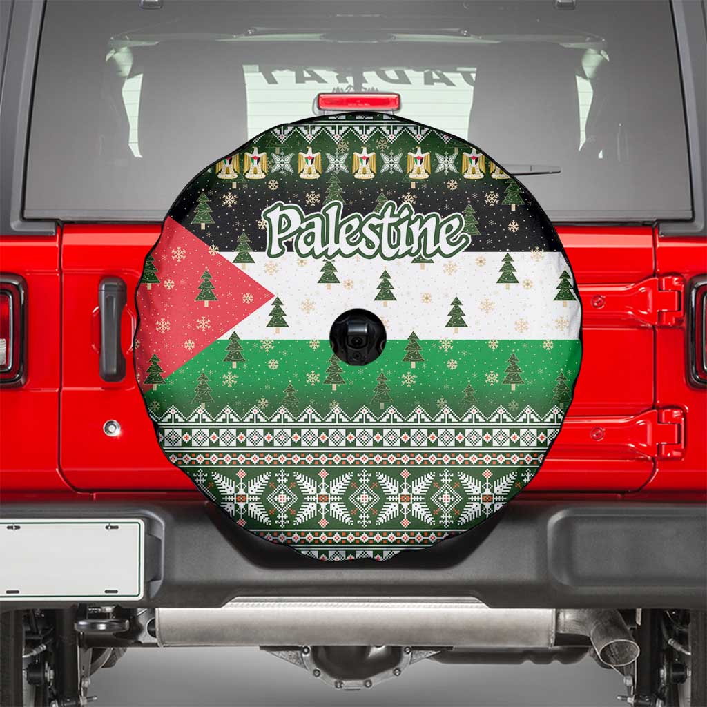 Palestine Christmas Spare Tire Cover with Green-White Theme, Tree Ornaments, and Nativity Scene Motif - Wonder Print Shop