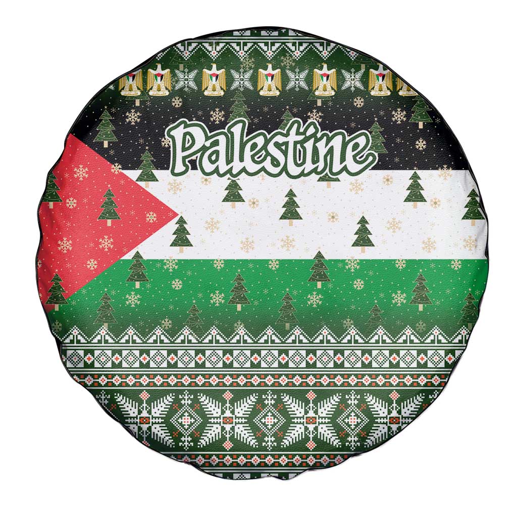 Palestine Christmas Spare Tire Cover with Green-White Theme, Tree Ornaments, and Nativity Scene Motif - Wonder Print Shop