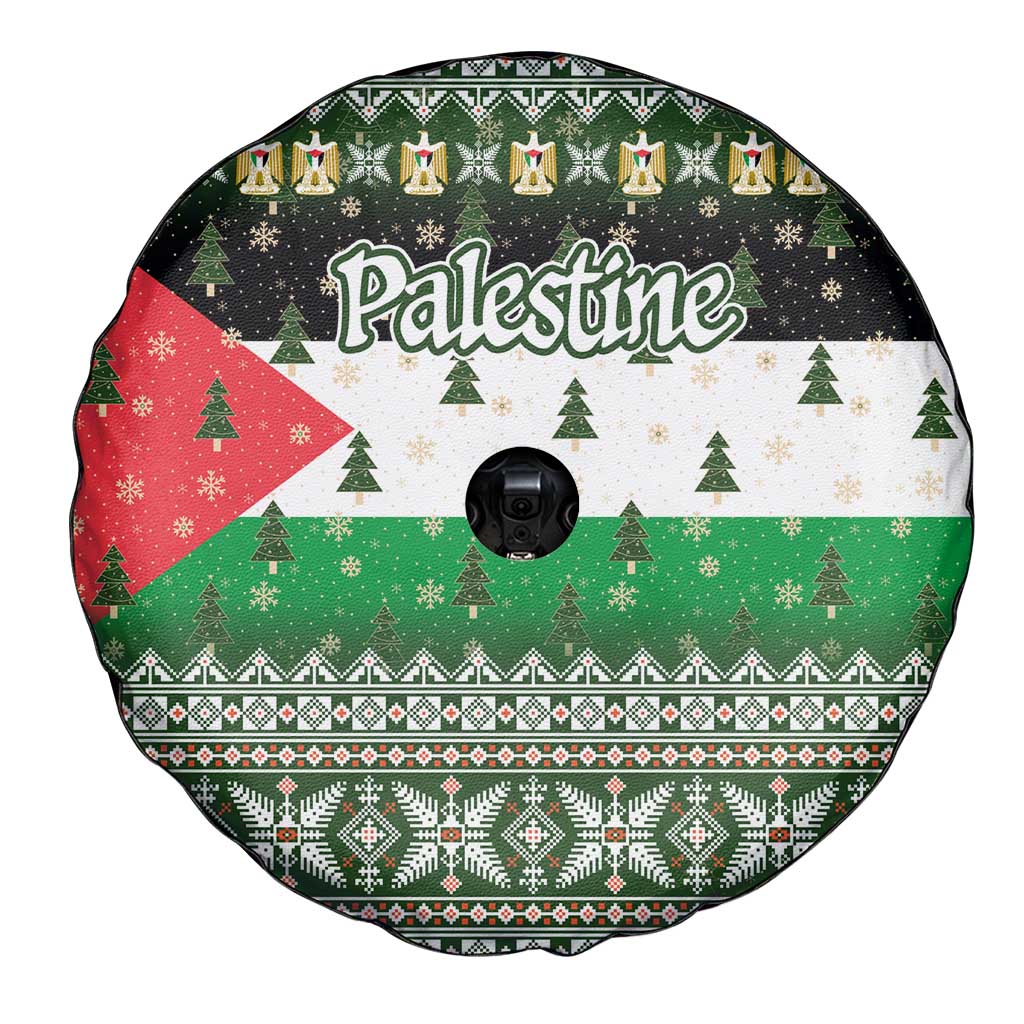 Palestine Christmas Spare Tire Cover with Green-White Theme, Tree Ornaments, and Nativity Scene Motif - Wonder Print Shop