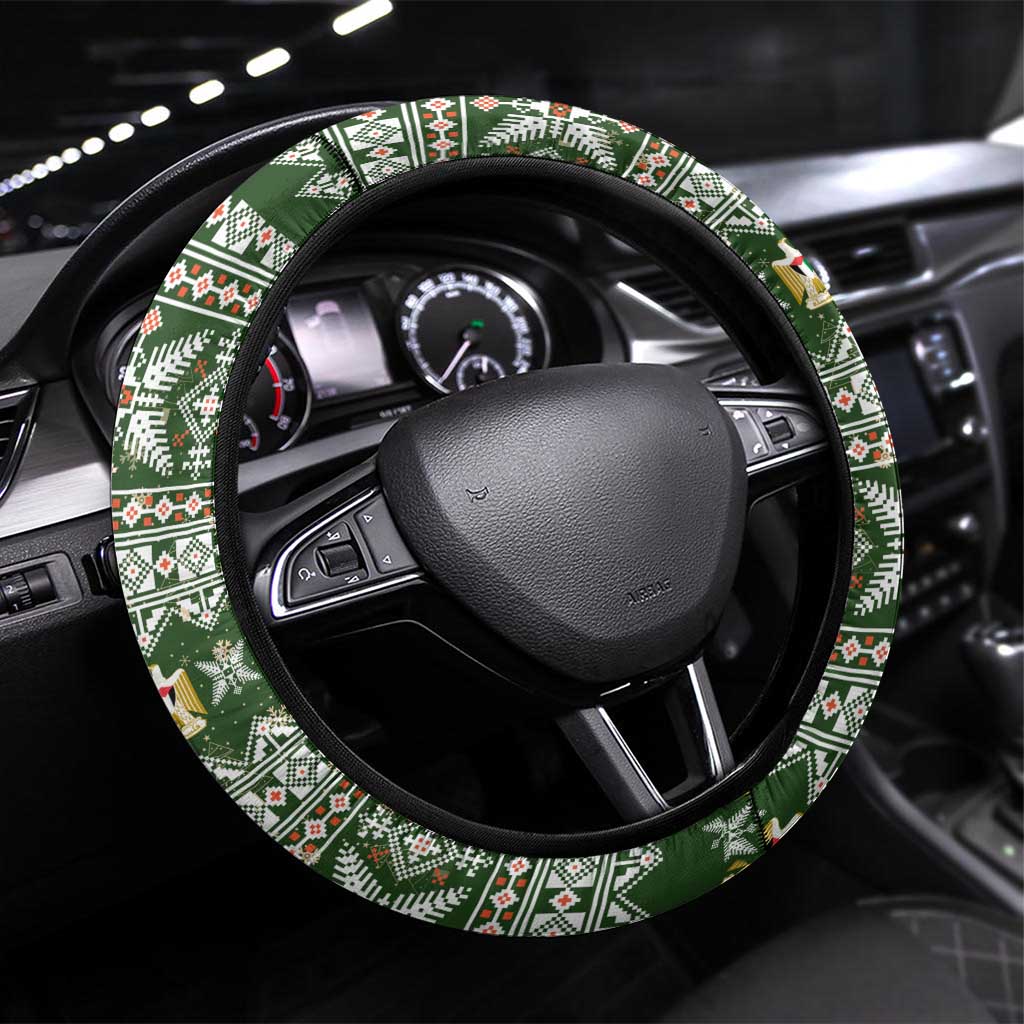 Palestine Christmas Steering Wheel Cover with Green-White Theme, Tree Ornaments, and Nativity Scene Motif - Wonder Print Shop