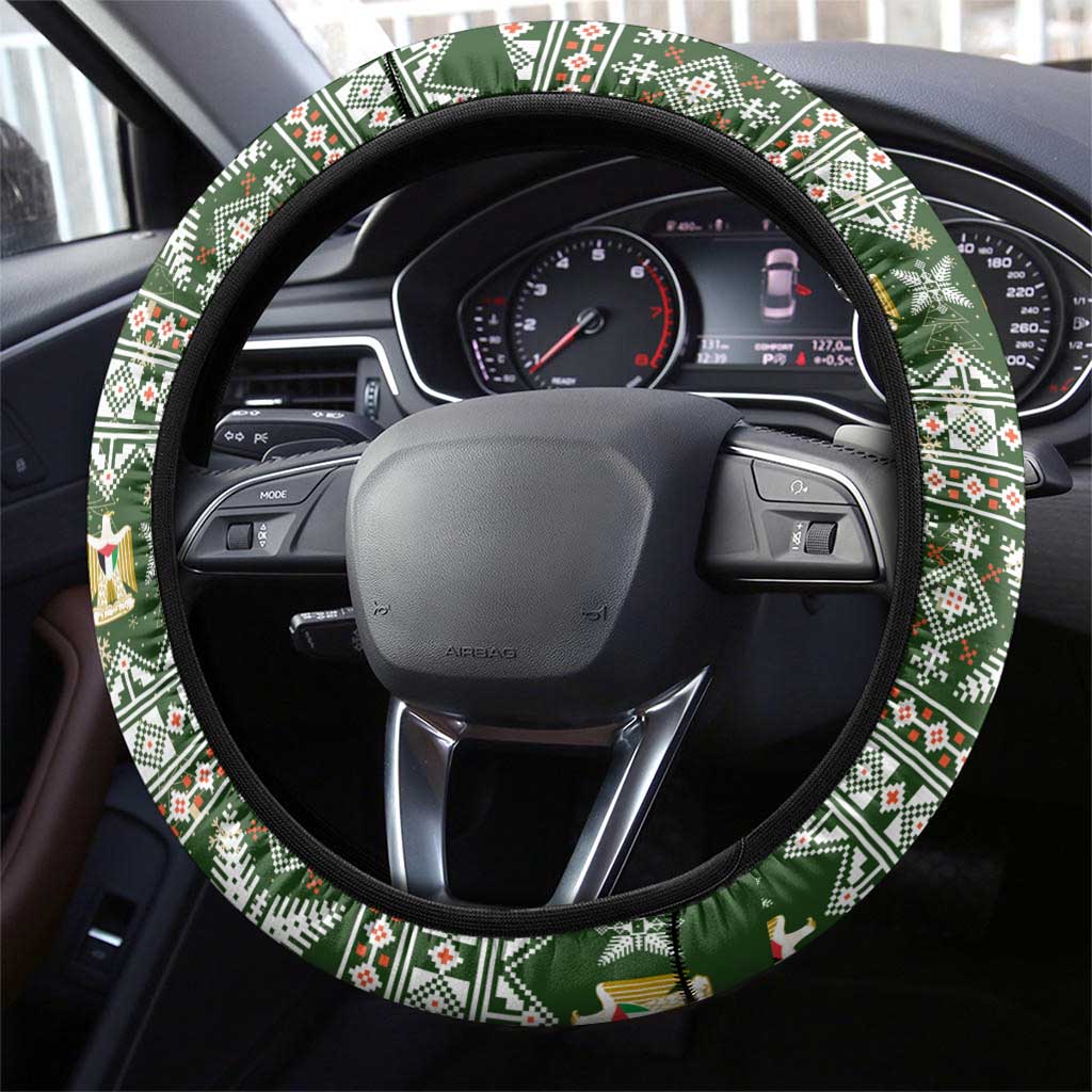Palestine Christmas Steering Wheel Cover with Green-White Theme, Tree Ornaments, and Nativity Scene Motif - Wonder Print Shop