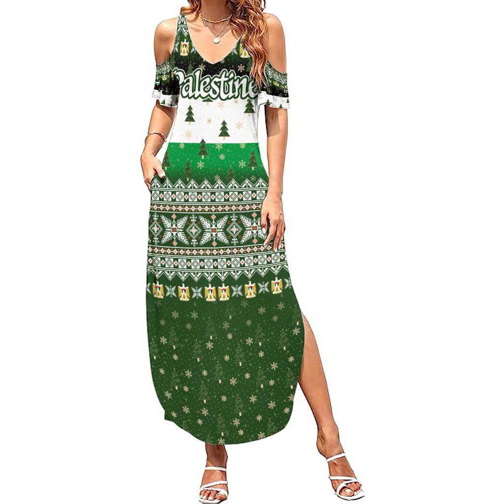 Palestine Christmas Summer Maxi Dress with Green-White Theme, Tree Ornaments, and Nativity Scene Motif - Wonder Print Shop