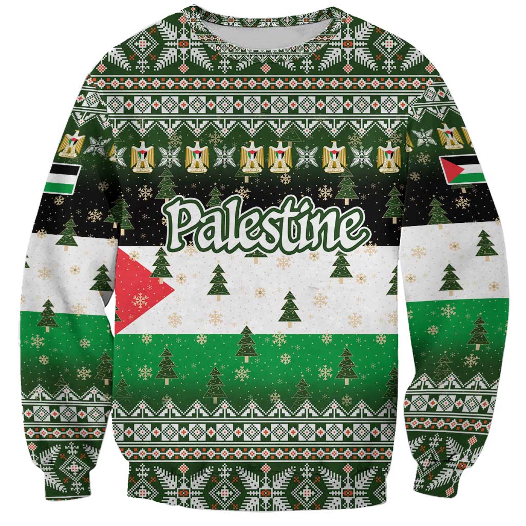 Palestine Christmas Sweatshirt with Green-White Theme, Tree Ornaments, and Nativity Scene Motif - Wonder Print Shop
