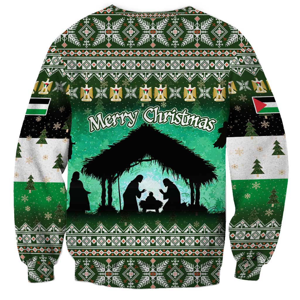 Palestine Christmas Sweatshirt with Green-White Theme, Tree Ornaments, and Nativity Scene Motif - Wonder Print Shop