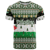 Palestine Christmas T Shirt with Green-White Theme, Tree Ornaments, and Nativity Scene Motif - Wonder Print Shop