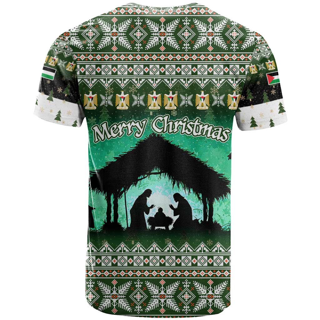 Palestine Christmas T Shirt with Green-White Theme, Tree Ornaments, and Nativity Scene Motif - Wonder Print Shop