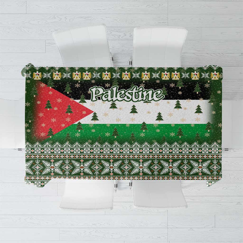 Palestine Christmas Tablecloth with Green-White Theme, Tree Ornaments, and Nativity Scene Motif - Wonder Print Shop