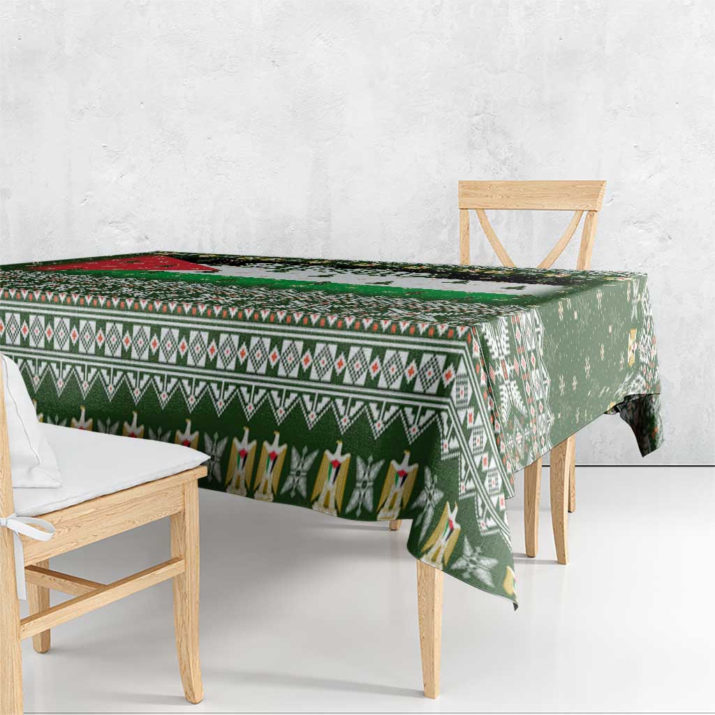 Palestine Christmas Tablecloth with Green-White Theme, Tree Ornaments, and Nativity Scene Motif - Wonder Print Shop