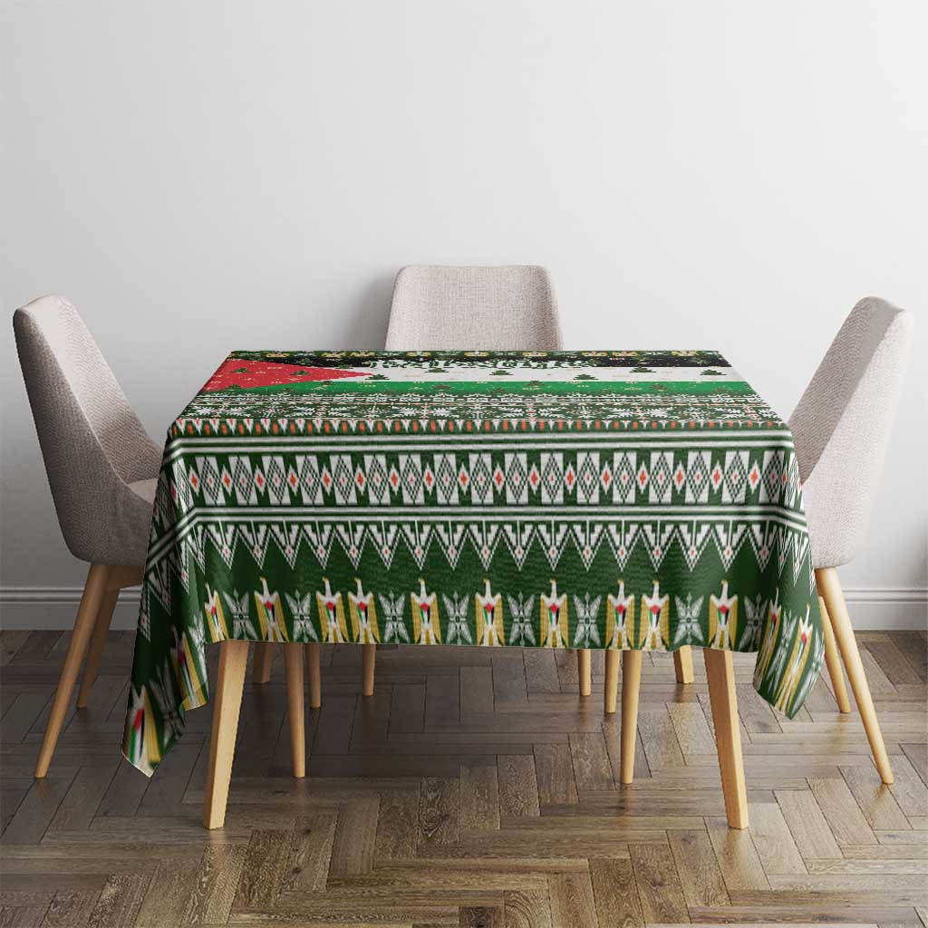 Palestine Christmas Tablecloth with Green-White Theme, Tree Ornaments, and Nativity Scene Motif - Wonder Print Shop