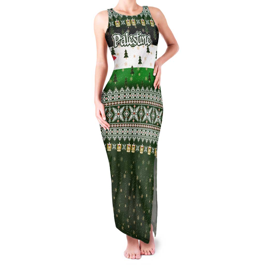 Palestine Christmas Tank Maxi Dress with Green-White Theme, Tree Ornaments, and Nativity Scene Motif - Wonder Print Shop