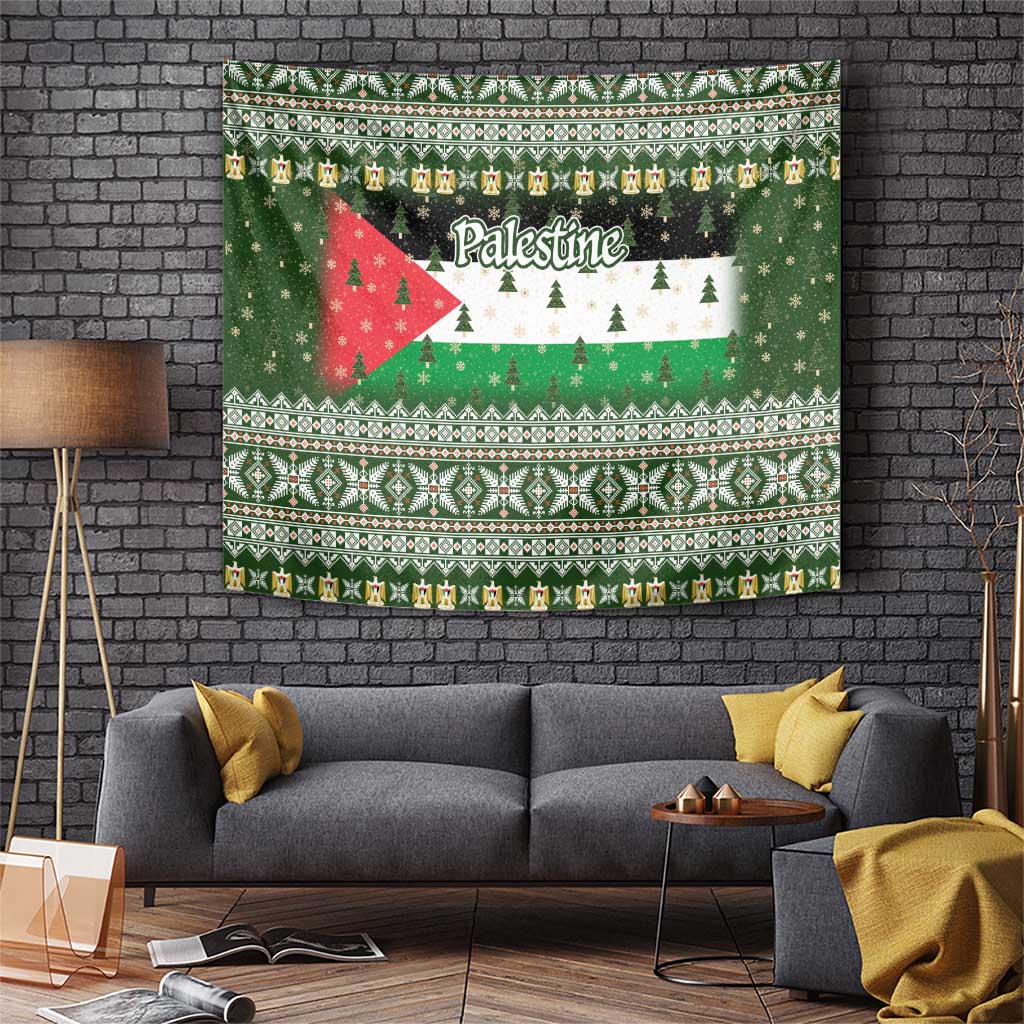 Palestine Christmas Tapestry with Green-White Theme, Tree Ornaments, and Nativity Scene Motif - Wonder Print Shop