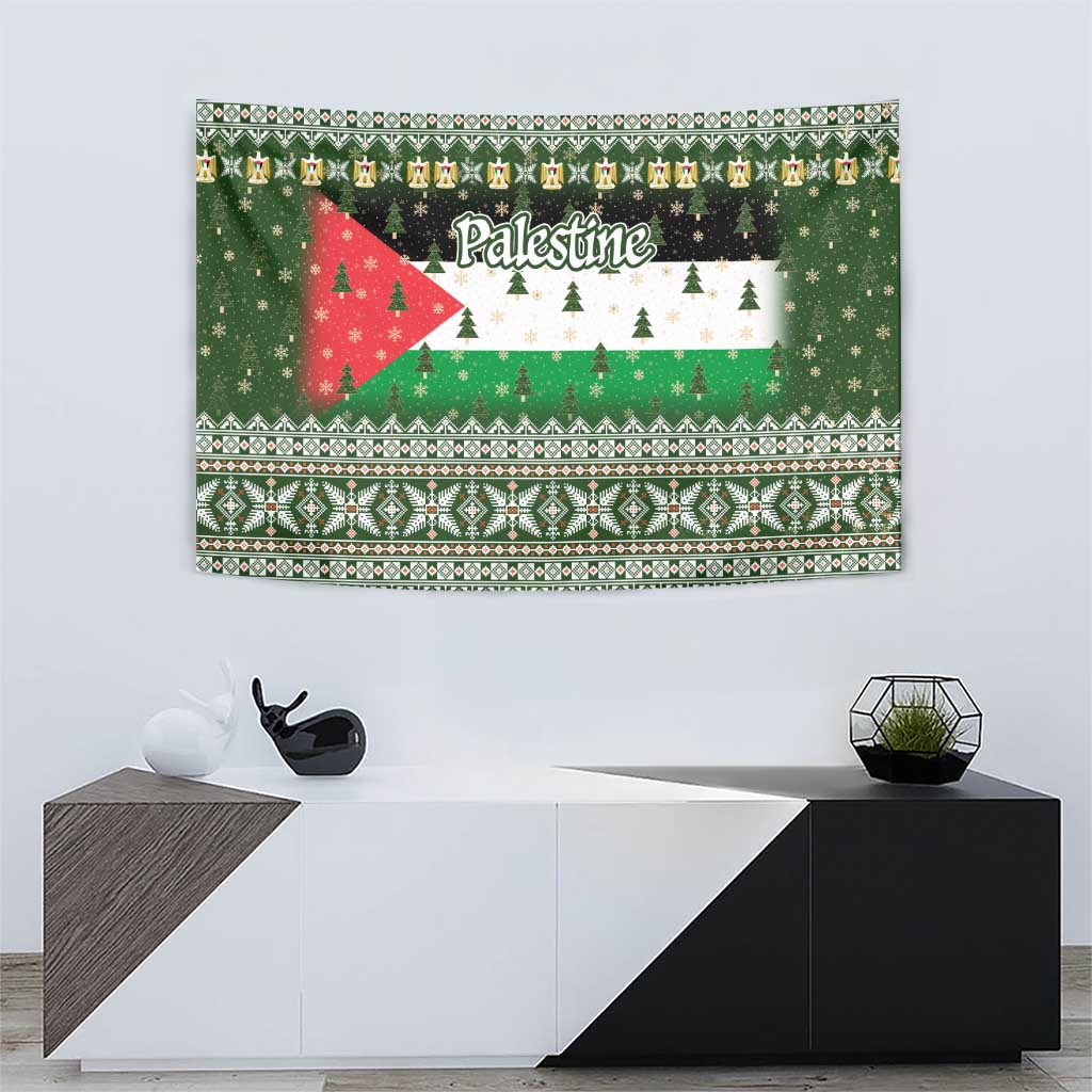 Palestine Christmas Tapestry with Green-White Theme, Tree Ornaments, and Nativity Scene Motif - Wonder Print Shop