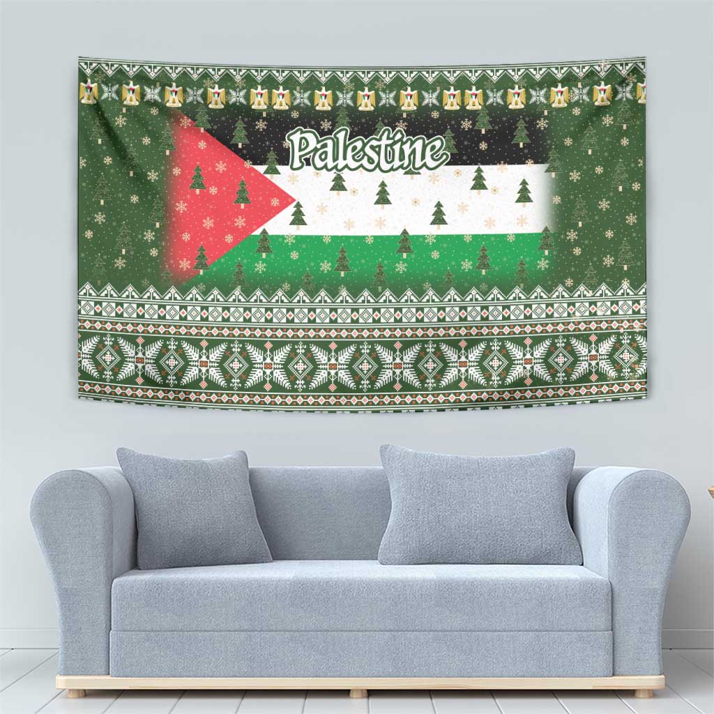 Palestine Christmas Tapestry with Green-White Theme, Tree Ornaments, and Nativity Scene Motif - Wonder Print Shop