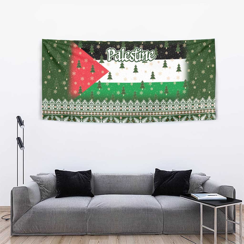 Palestine Christmas Tapestry with Green-White Theme, Tree Ornaments, and Nativity Scene Motif - Wonder Print Shop