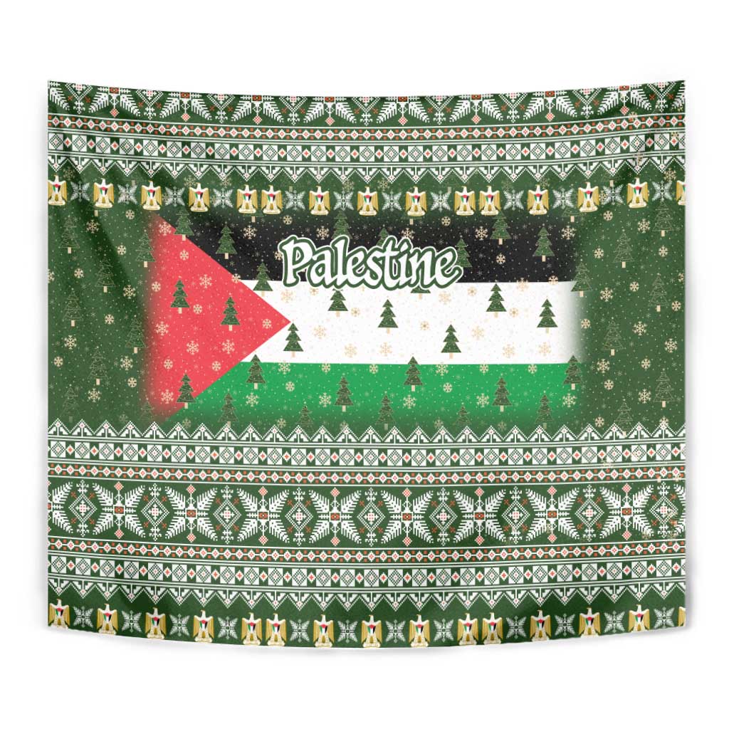 Palestine Christmas Tapestry with Green-White Theme, Tree Ornaments, and Nativity Scene Motif - Wonder Print Shop