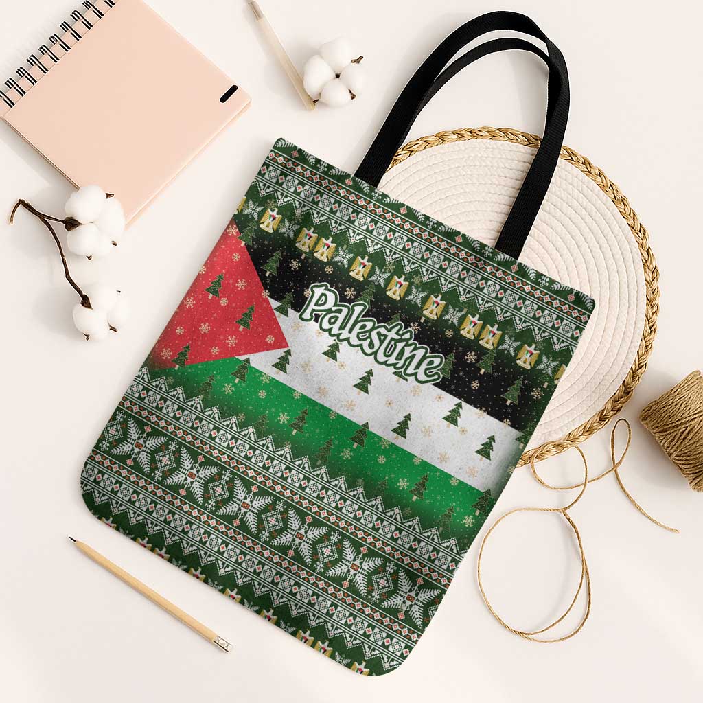 Palestine Christmas Tote Bag with Green-White Theme, Tree Ornaments, and Nativity Scene Motif - Wonder Print Shop