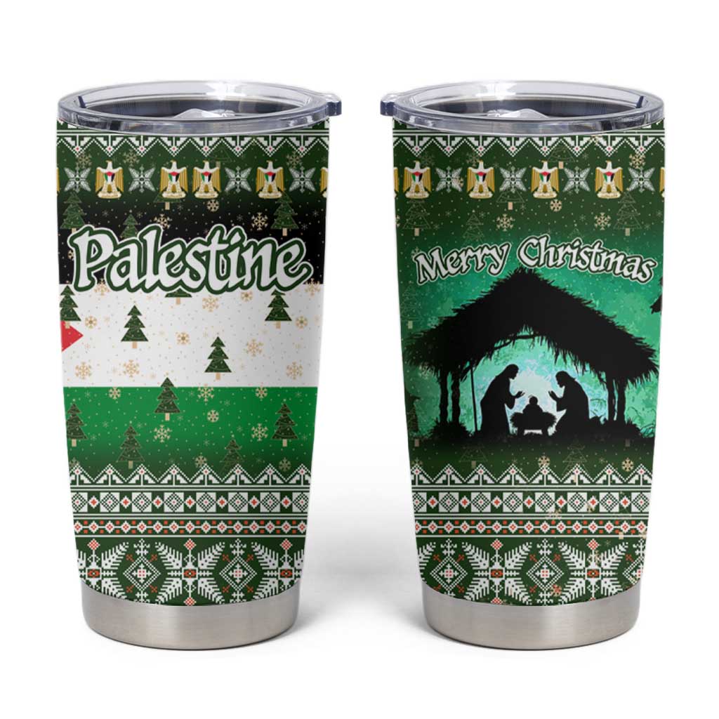 Palestine Christmas Tumbler Cup with Green-White Theme, Tree Ornaments, and Nativity Scene Motif - Wonder Print Shop