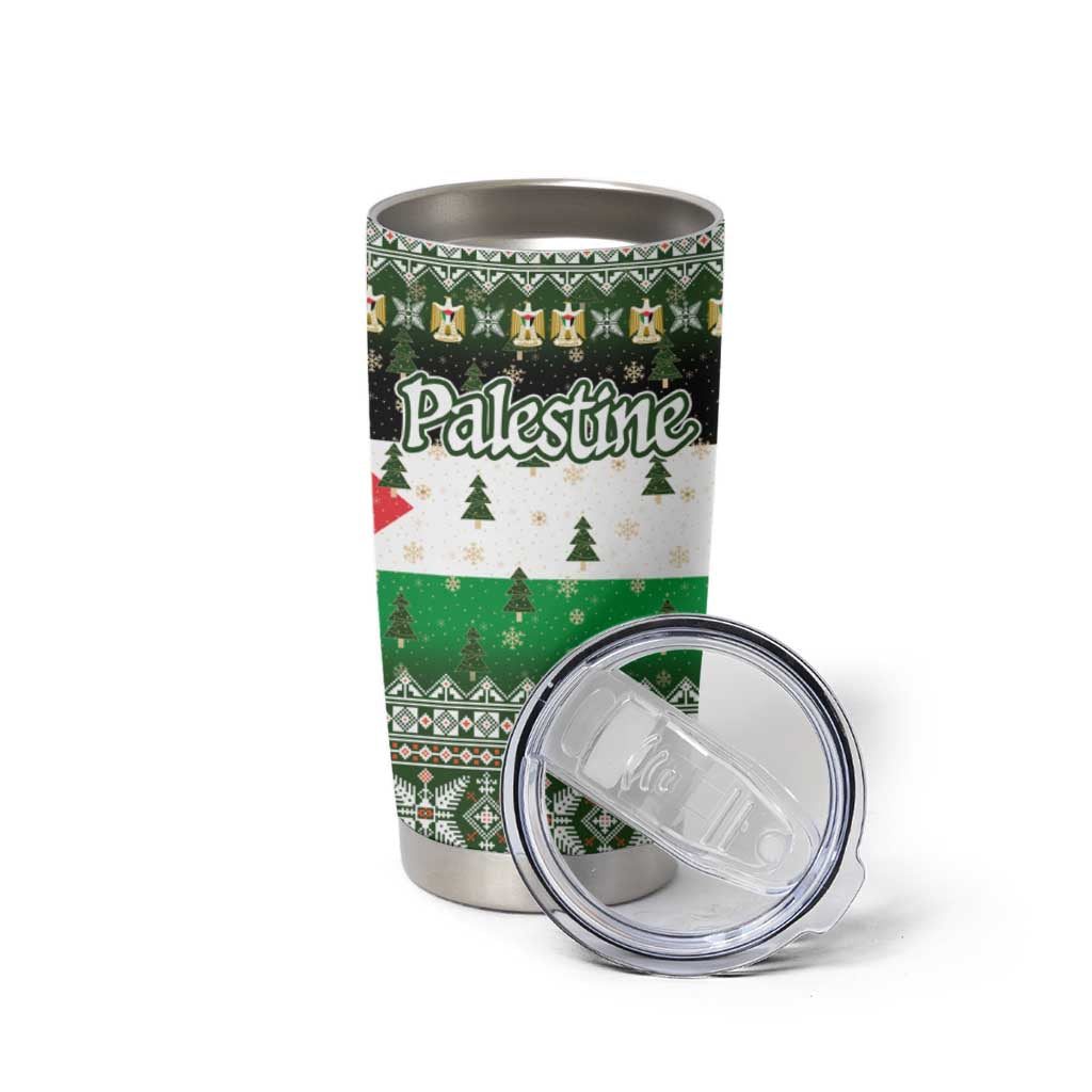 Palestine Christmas Tumbler Cup with Green-White Theme, Tree Ornaments, and Nativity Scene Motif - Wonder Print Shop