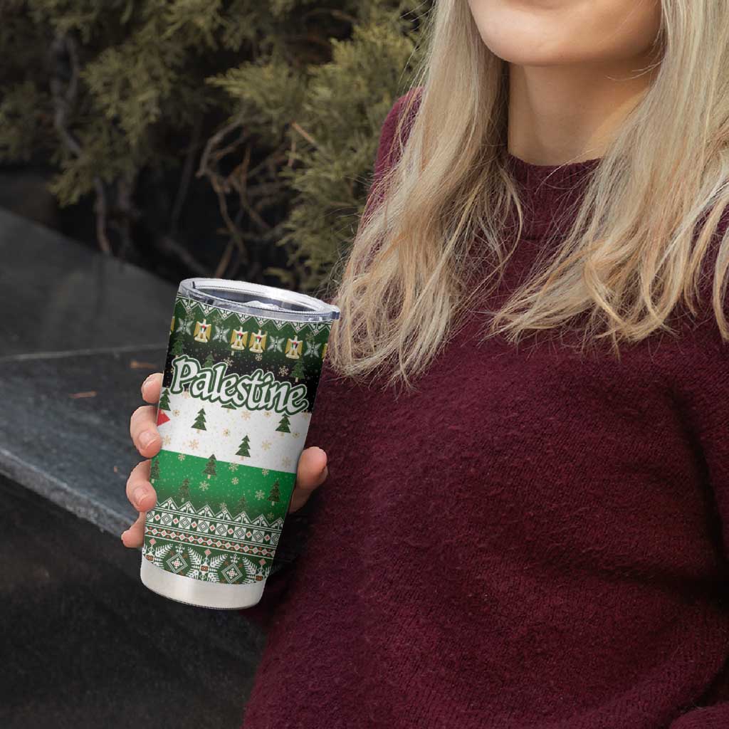 Palestine Christmas Tumbler Cup with Green-White Theme, Tree Ornaments, and Nativity Scene Motif - Wonder Print Shop