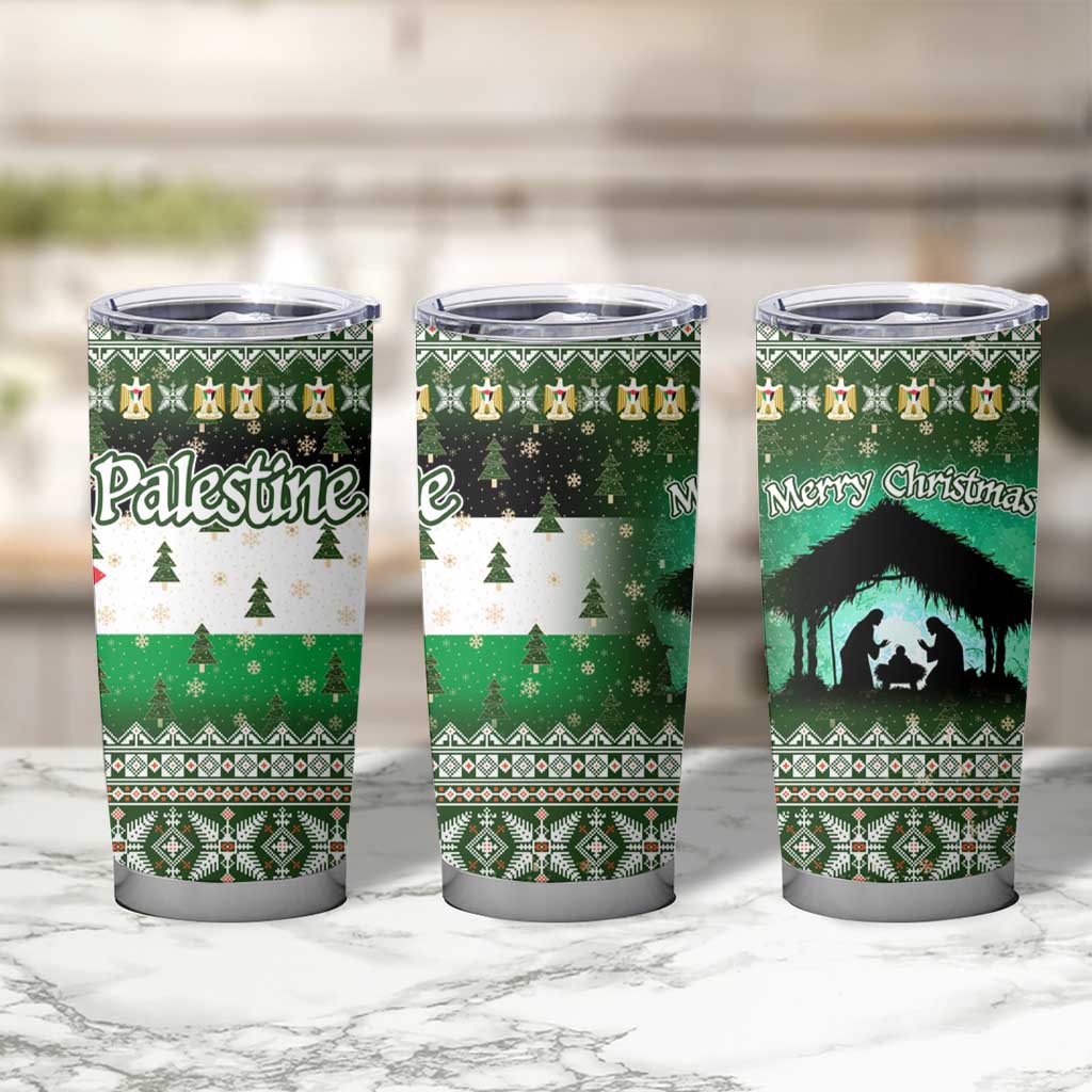 Palestine Christmas Tumbler Cup with Green-White Theme, Tree Ornaments, and Nativity Scene Motif - Wonder Print Shop