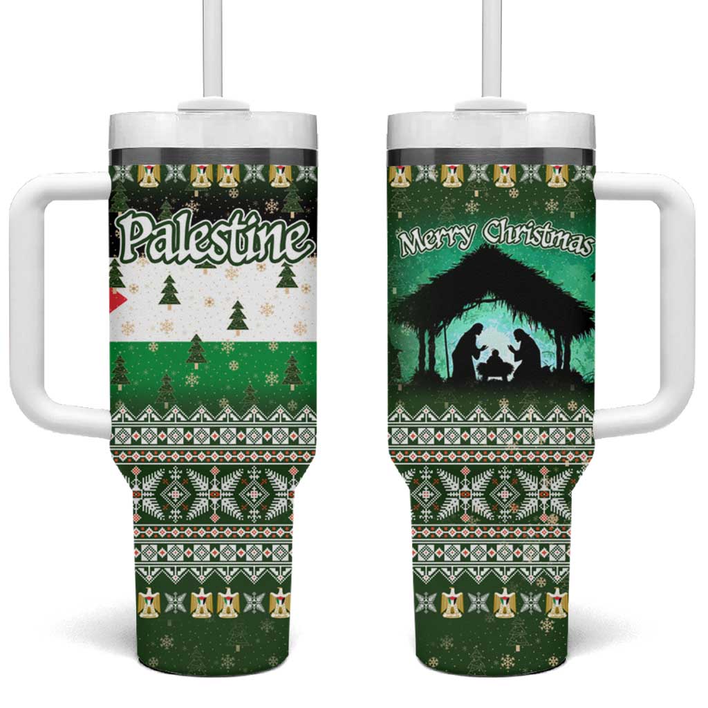 Palestine Christmas Tumbler With Handle with Green-White Theme, Tree Ornaments, and Nativity Scene Motif - Wonder Print Shop