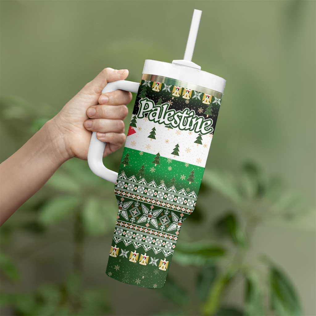 Palestine Christmas Tumbler With Handle with Green-White Theme, Tree Ornaments, and Nativity Scene Motif - Wonder Print Shop
