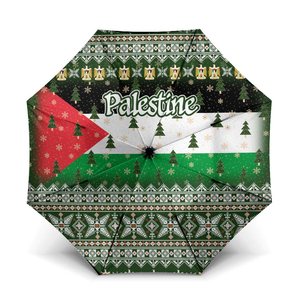 Palestine Christmas Umbrella with Green-White Theme, Tree Ornaments, and Nativity Scene Motif - Wonder Print Shop