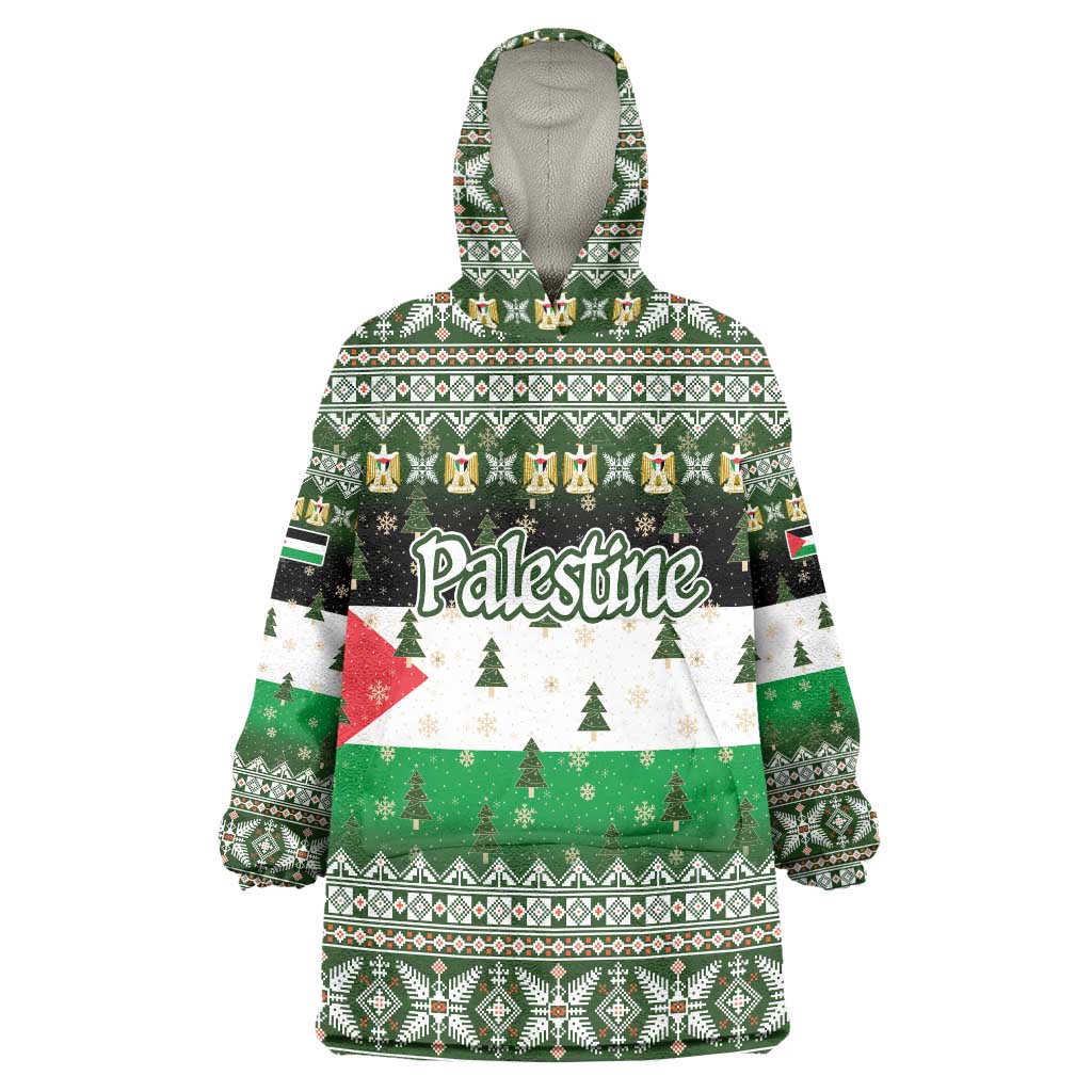 Palestine Christmas Wearable Blanket Hoodie with Green-White Theme, Tree Ornaments, and Nativity Scene Motif - Wonder Print Shop