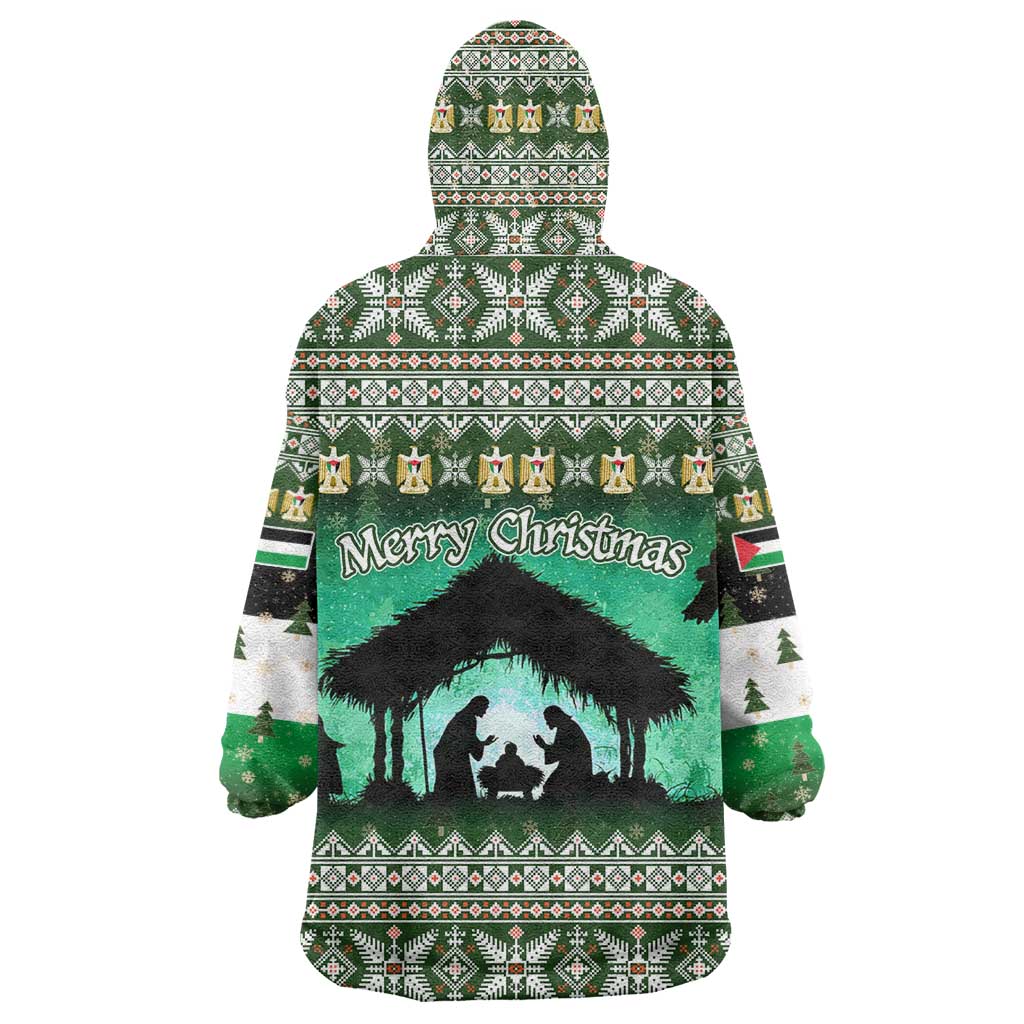Palestine Christmas Wearable Blanket Hoodie with Green-White Theme, Tree Ornaments, and Nativity Scene Motif - Wonder Print Shop