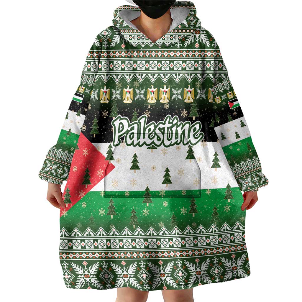 Palestine Christmas Wearable Blanket Hoodie with Green-White Theme, Tree Ornaments, and Nativity Scene Motif - Wonder Print Shop