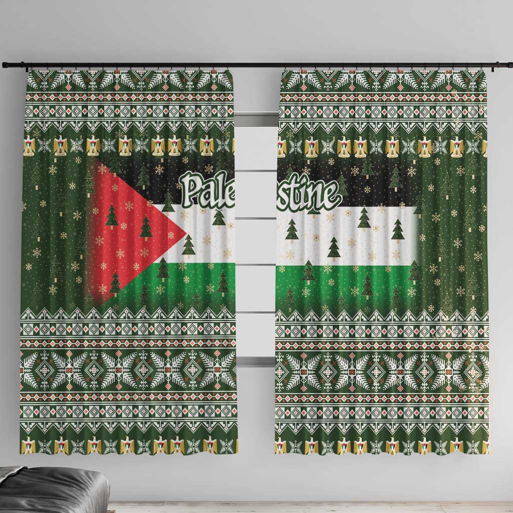 Palestine Christmas Window Curtain with Green-White Theme, Tree Ornaments, and Nativity Scene Motif - Wonder Print Shop