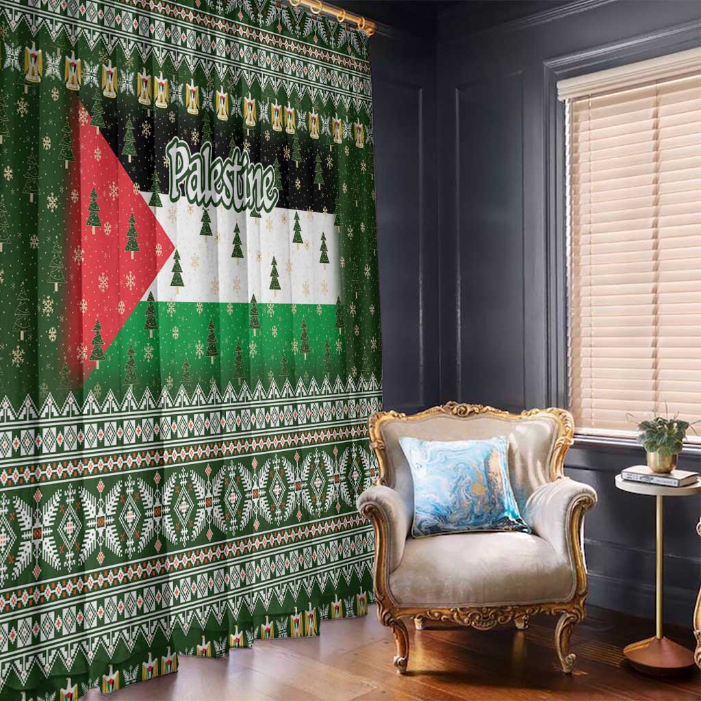 Palestine Christmas Window Curtain with Green-White Theme, Tree Ornaments, and Nativity Scene Motif - Wonder Print Shop