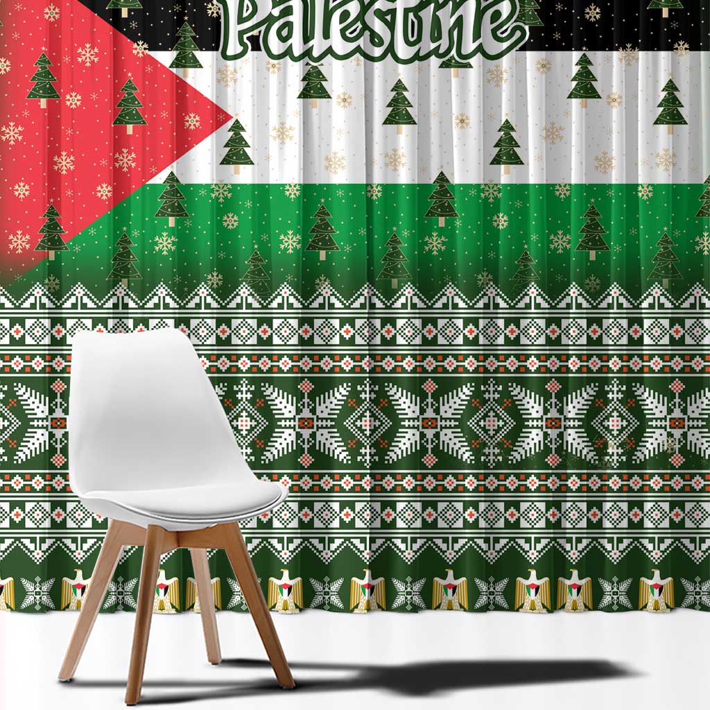 Palestine Christmas Window Curtain with Green-White Theme, Tree Ornaments, and Nativity Scene Motif - Wonder Print Shop