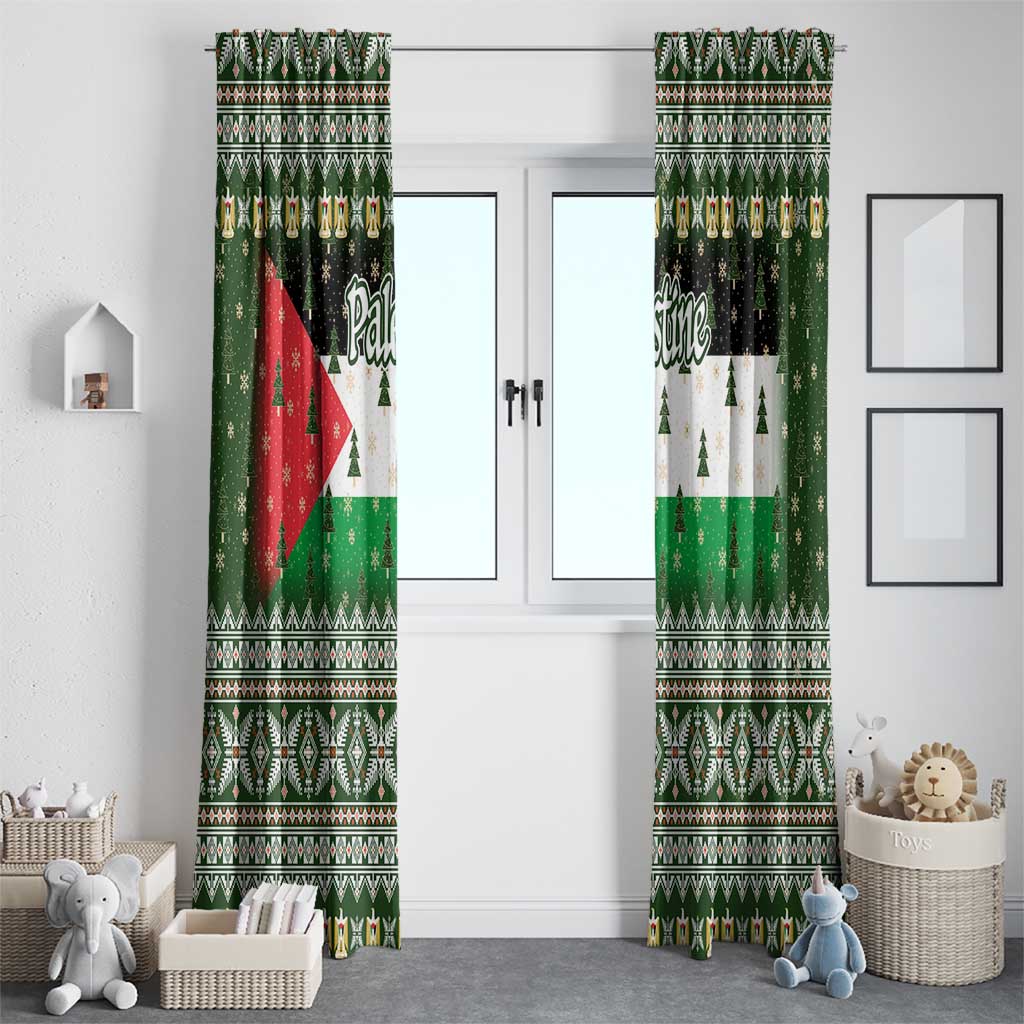 Palestine Christmas Window Curtain with Green-White Theme, Tree Ornaments, and Nativity Scene Motif - Wonder Print Shop
