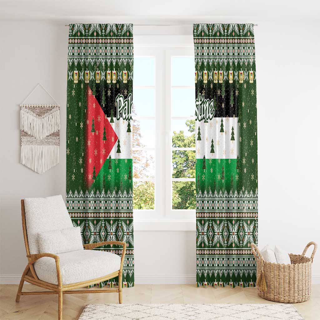 Palestine Christmas Window Curtain with Green-White Theme, Tree Ornaments, and Nativity Scene Motif - Wonder Print Shop