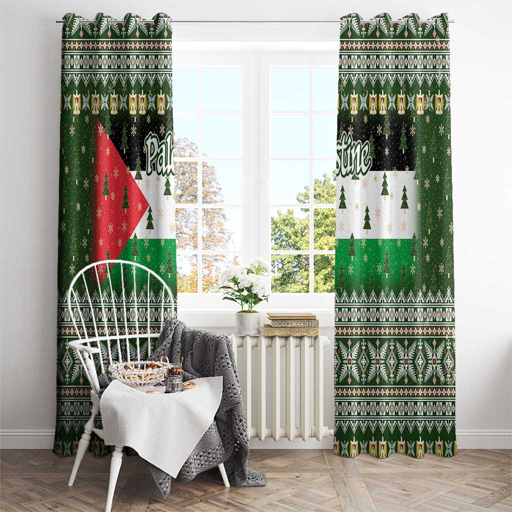Palestine Christmas Window Curtain with Green-White Theme, Tree Ornaments, and Nativity Scene Motif - Wonder Print Shop