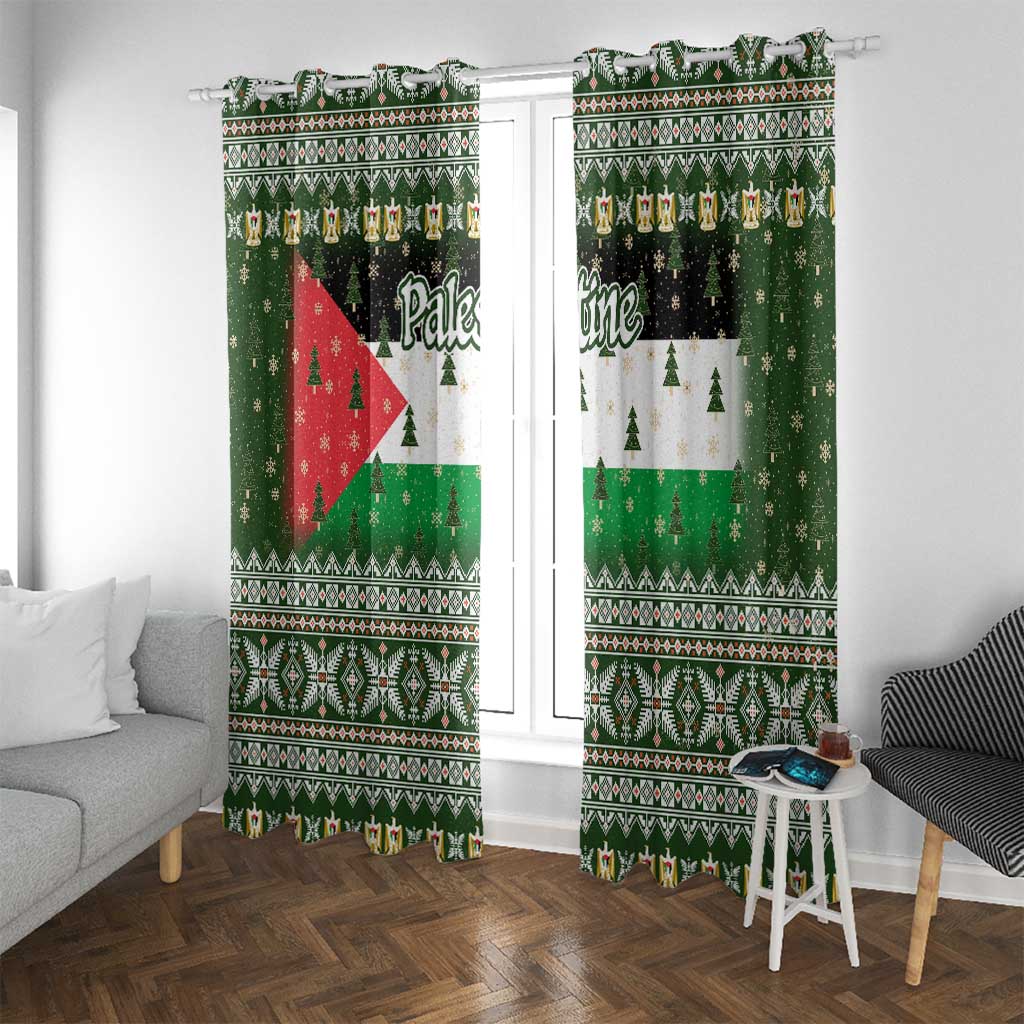 Palestine Christmas Window Curtain with Green-White Theme, Tree Ornaments, and Nativity Scene Motif - Wonder Print Shop